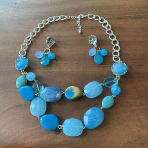 Silver necklace & pierced earrings set blue beads